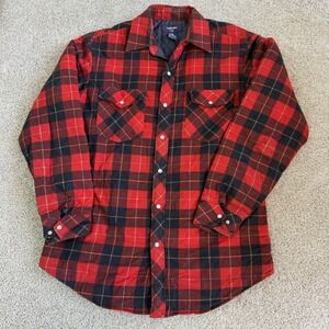Vintage Williams Bay Jacket Mens LT Red Plaid Quilted Flannel Snap Shirt Lined